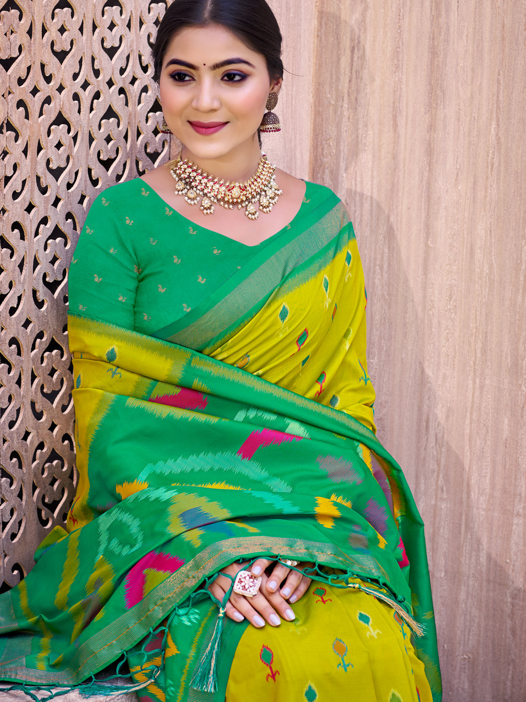 Sutriti Olive Green Pochampalli Silk Saree | Elegant Traditional Wedding & Festive Wear Saree