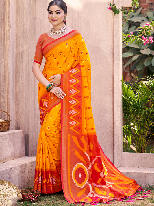 Sutriti Mustard Pochampalli Silk Saree | Elegant Traditional Wedding & Festive Wear Saree