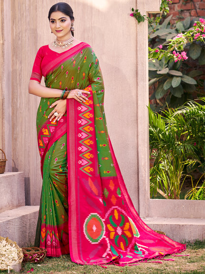 Sutriti Mehandi Green Pochampalli Silk Saree | Elegant Traditional Wedding & Festive Wear Saree