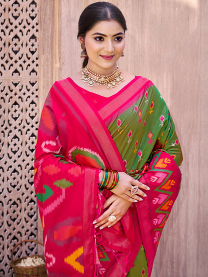 Sutriti Mehandi Green Pochampalli Silk Saree | Elegant Traditional Wedding & Festive Wear Saree