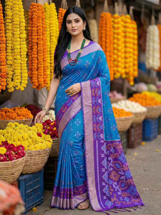 Royal blue woven saree with purple contrast border and printed pallu for women