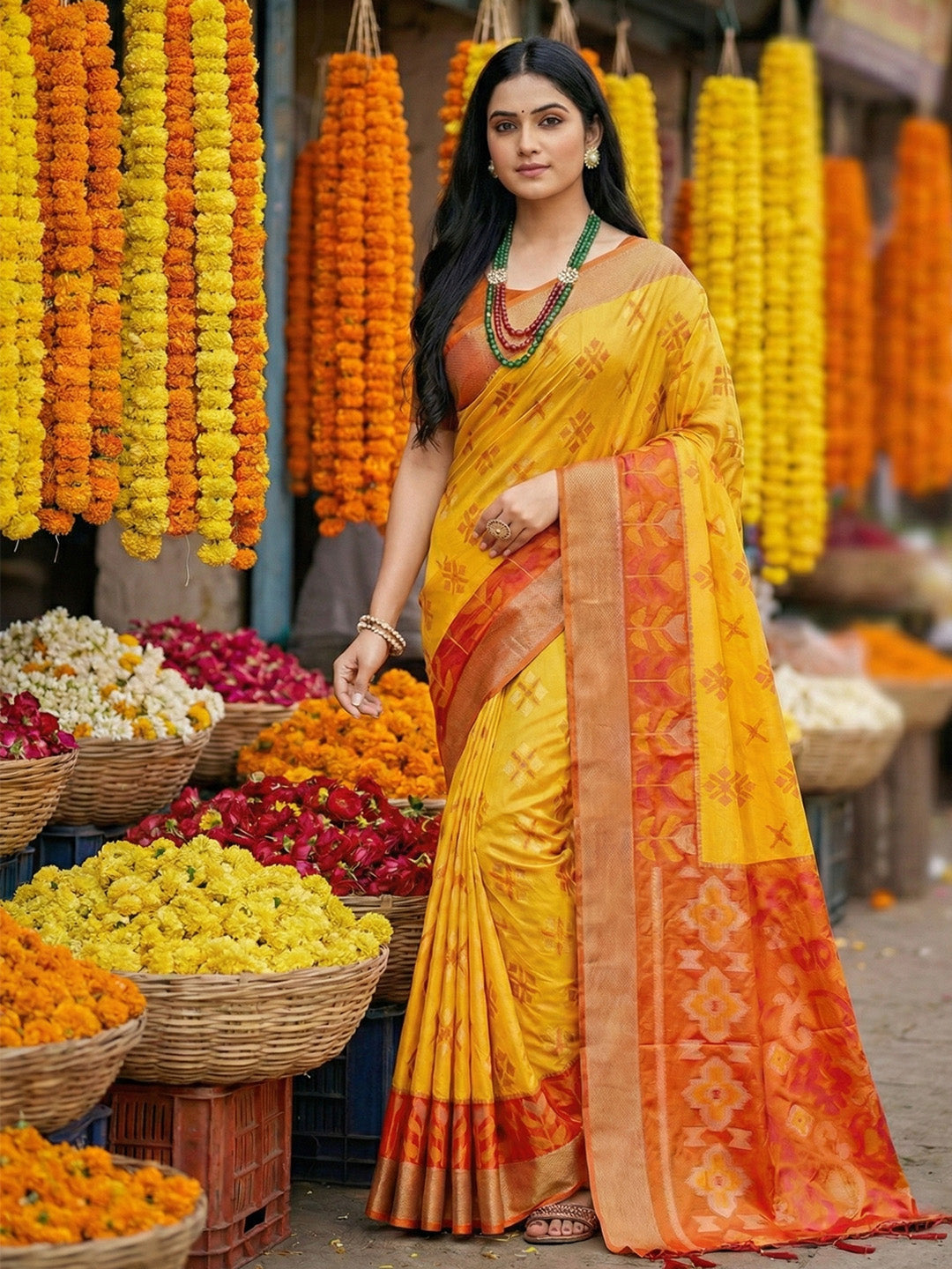 Mustard yellow woven saree with orange contrast border and printed pallu for festive wear