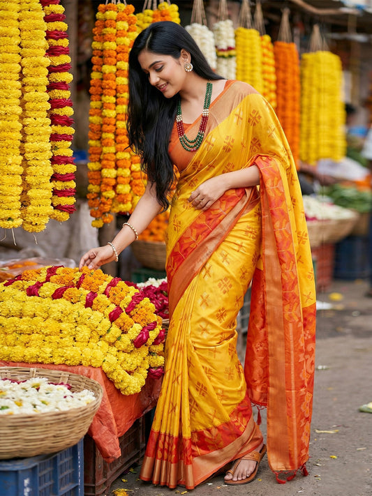 Mustard yellow woven saree with orange contrast border and printed pallu for festive wear