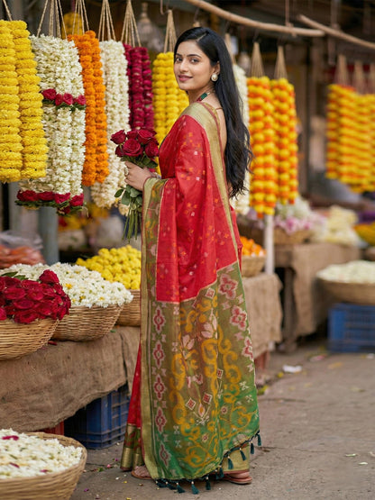 Deep red woven saree with olive contrast border and printed pallu for wedding festive wear