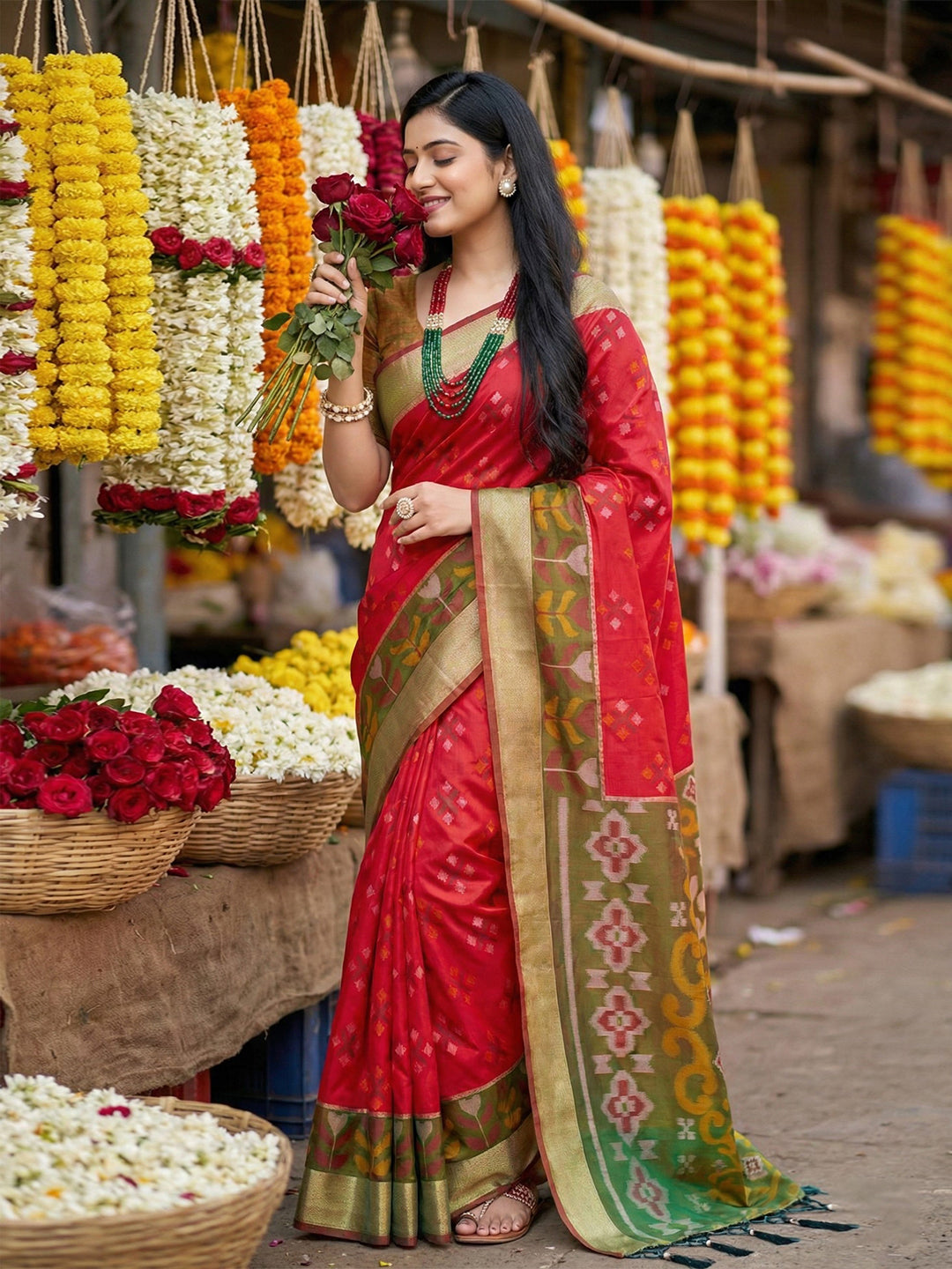 Deep red woven saree with olive contrast border and printed pallu for wedding festive wear