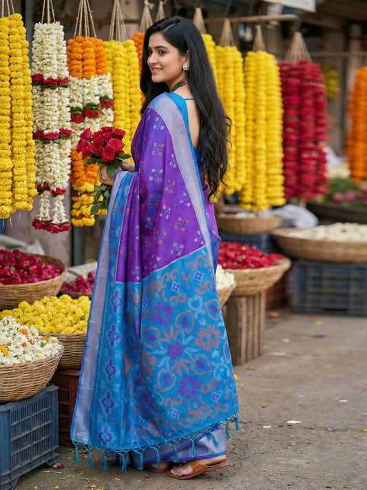 Purple woven saree with sky blue contrast border and printed pallu for women