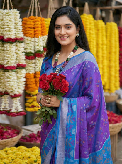 Purple woven saree with sky blue contrast border and printed pallu for women