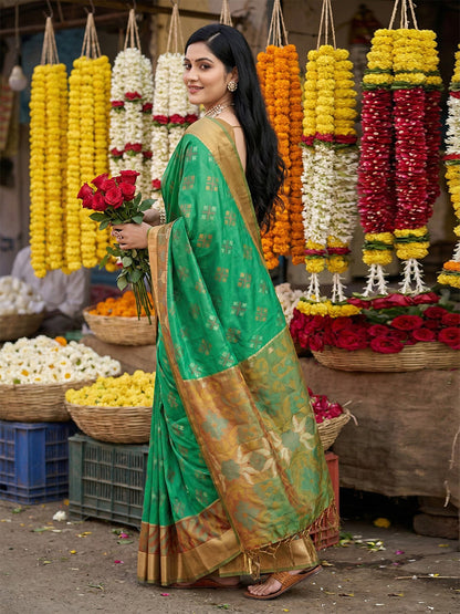Emerald green woven saree with gold contrast border and printed pallu for festive wear