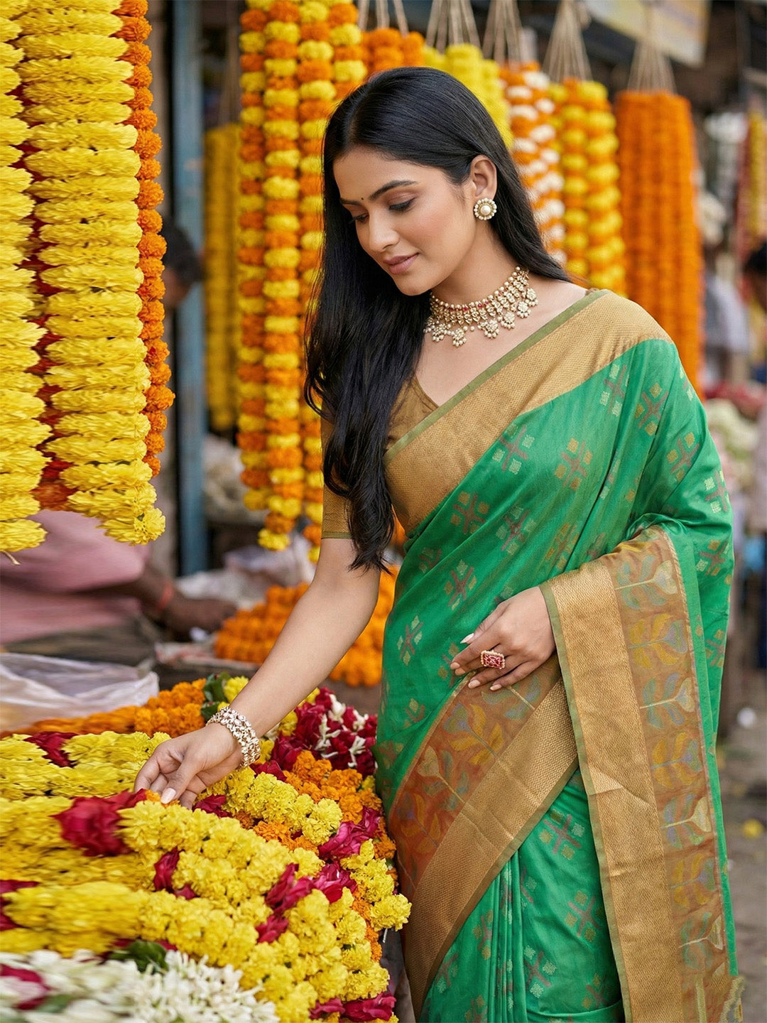 Emerald green woven saree with gold contrast border and printed pallu for festive wear