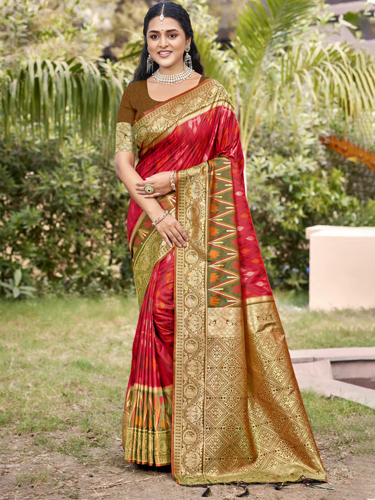 Wine red woven saree with olive gold border and heavy jacquard pallu for women