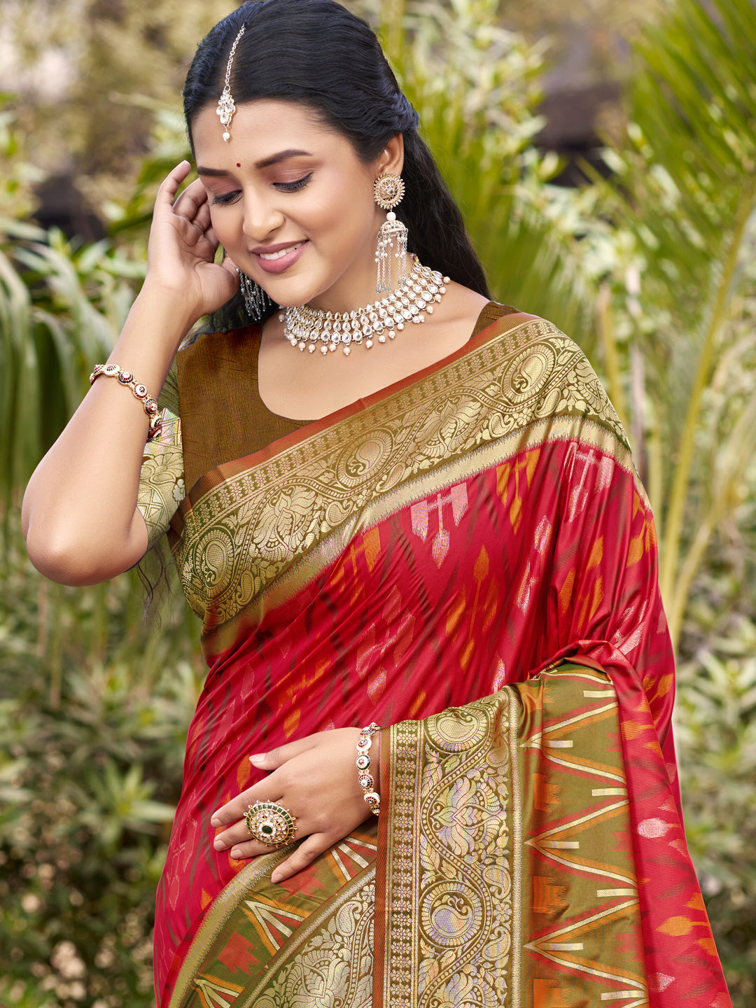 Wine red woven saree with olive gold border and heavy jacquard pallu for women