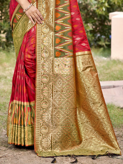 Wine red woven saree with olive gold border and heavy jacquard pallu for women