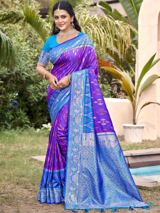 Royal purple woven saree with blue contrast border and heavy jacquard pallu for women