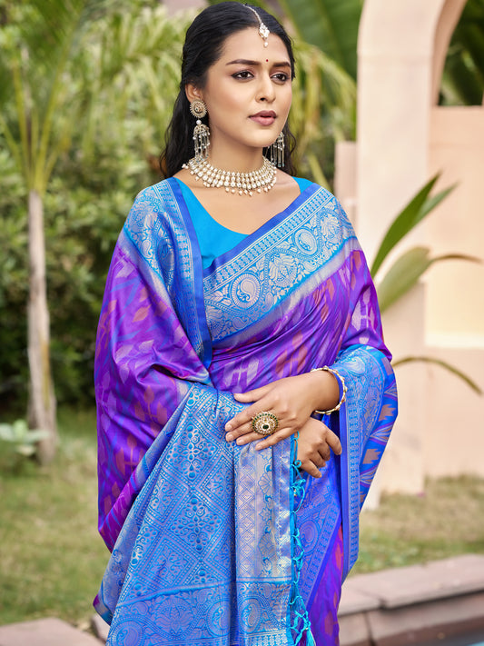 Royal purple woven saree with blue contrast border and heavy jacquard pallu for women