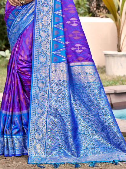 Royal purple woven saree with blue contrast border and heavy jacquard pallu for women