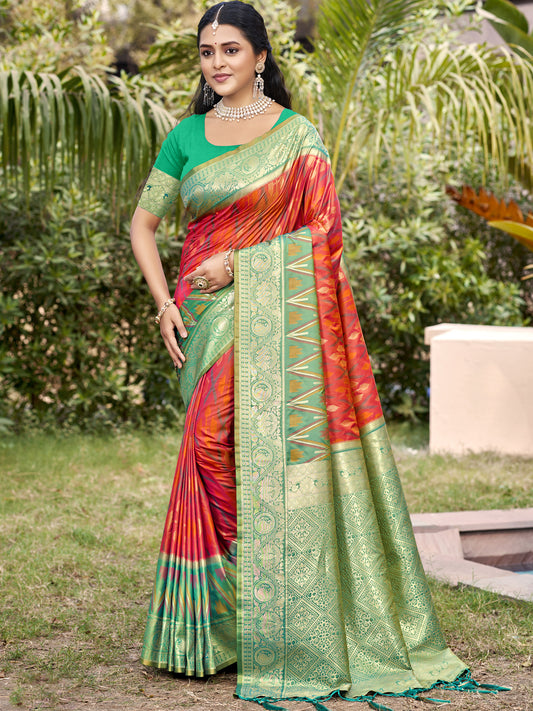 Orange woven saree for women with green gold border and heavy jacquard pallu