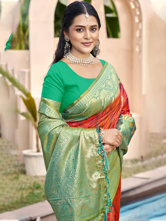 Orange woven saree for women with green gold border and heavy jacquard pallu