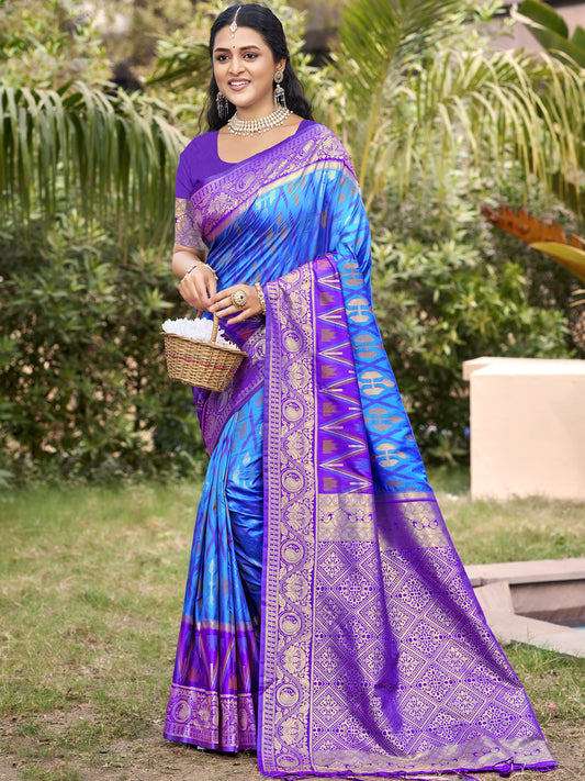 Royal blue woven saree for women with purple contrast border and heavy jacquard pallu