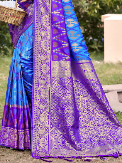 Royal blue woven saree for women with purple contrast border and heavy jacquard pallu