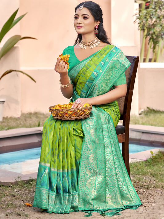 Sutriti Light Green Pochampalli Silk Saree | Elegant Traditional Wedding & Festive Wear Saree