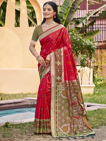 Red woven saree for women with olive contrast border and designer pallu for wedding festive wear