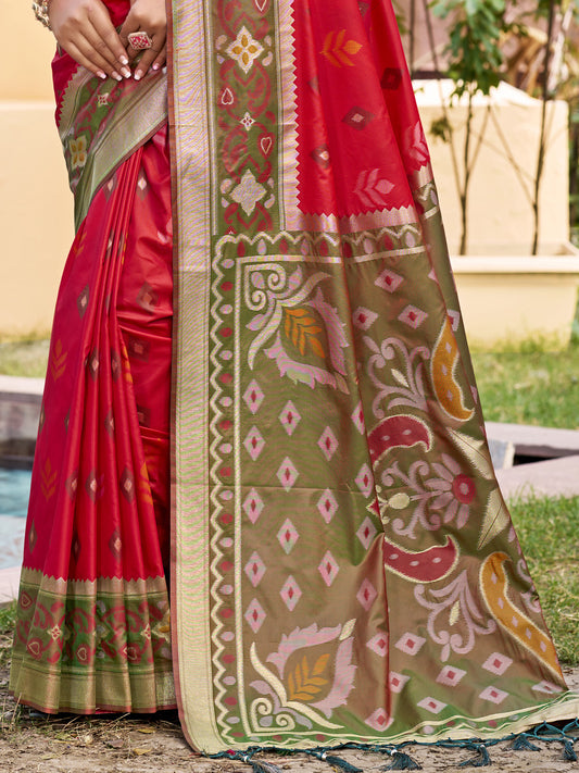 Red woven saree for women with olive contrast border and designer pallu for wedding festive wear