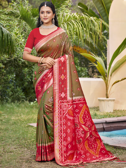Sutriti Olive Green Pochampalli Silk Saree | Elegant Traditional Wedding & Festive Wear Saree