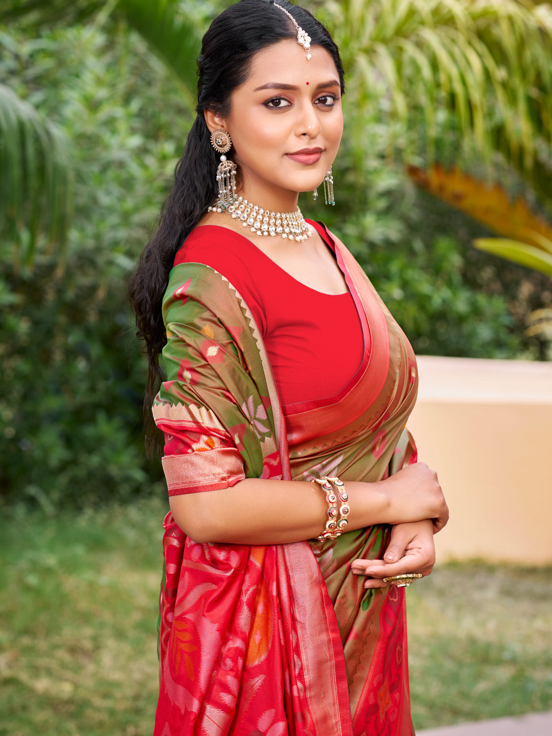 Sutriti Olive Green Pochampalli Silk Saree | Elegant Traditional Wedding & Festive Wear Saree