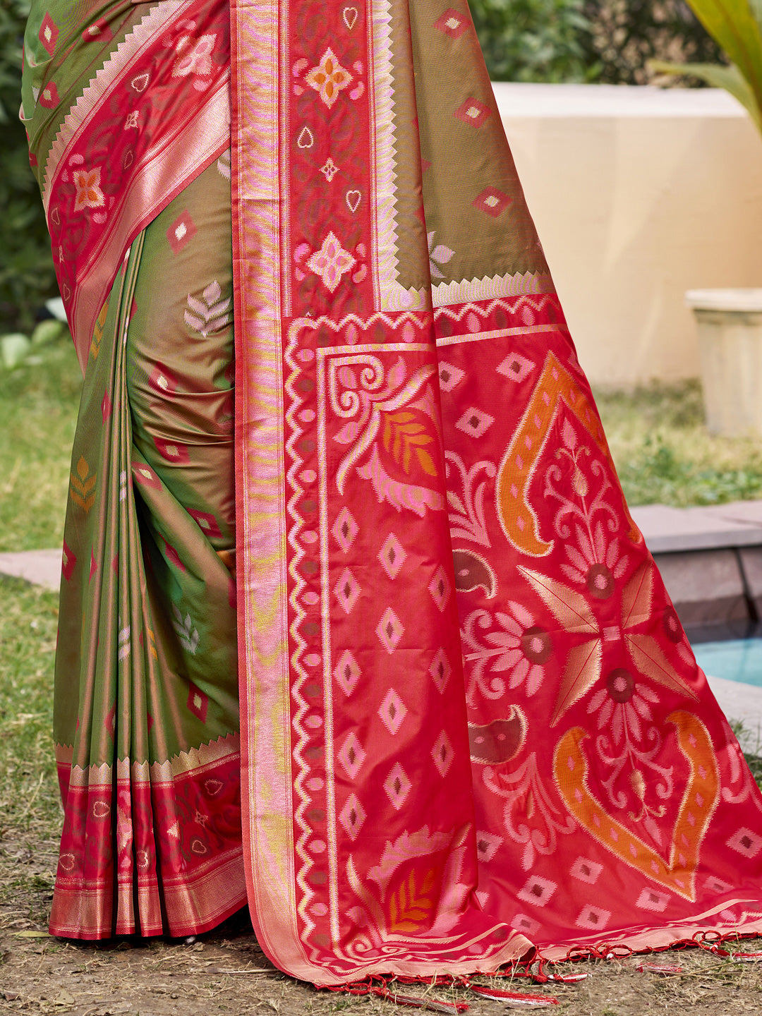 Sutriti Olive Green Pochampalli Silk Saree | Elegant Traditional Wedding & Festive Wear Saree