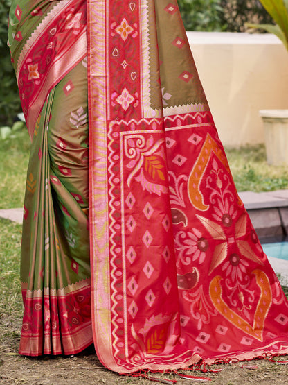 Sutriti Olive Green Pochampalli Silk Saree | Elegant Traditional Wedding & Festive Wear Saree
