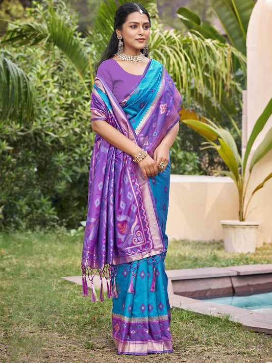 Teal blue woven saree for women with purple contrast border and tassel pallu