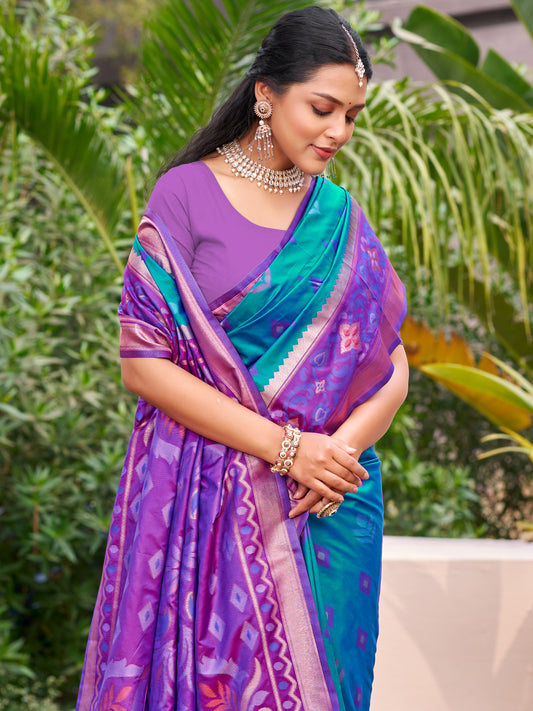 Teal blue woven saree for women with purple contrast border and tassel pallu