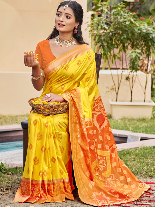 Yellow woven saree for women with orange contrast border and designer pallu for haldi festive wear