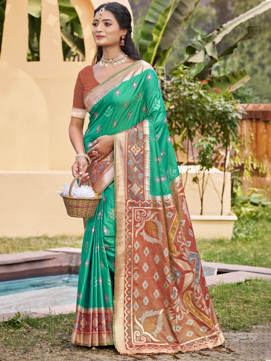 Emerald green woven saree for women with brown contrast border and designer pallu