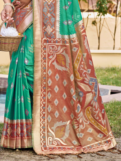 Emerald green woven saree for women with brown contrast border and designer pallu