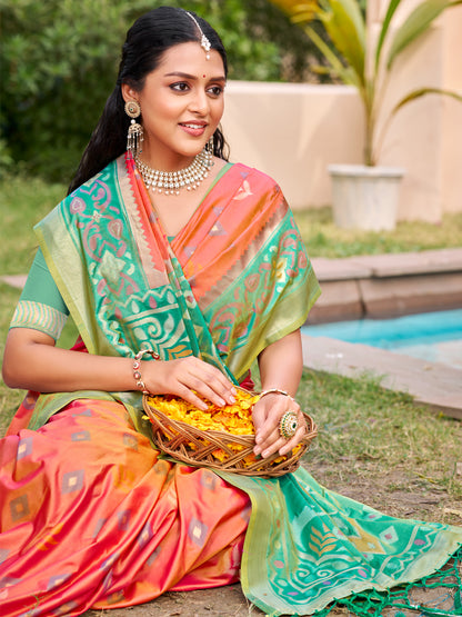 Sutriti Orange Pochampalli Silk Saree | Elegant Traditional Wedding & Festive Wear Saree