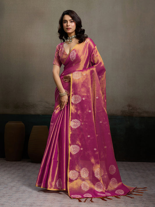 Sutriti Women Magenta Blue Woven Tissue Silk Saree with Mandala Motifs