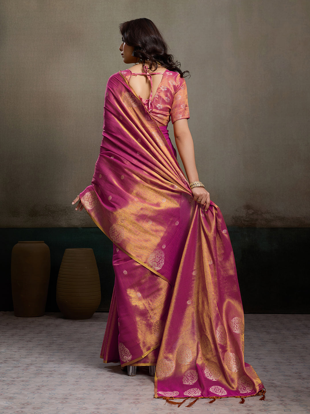 Sutriti Women Magenta Blue Woven Tissue Silk Saree with Mandala Motifs