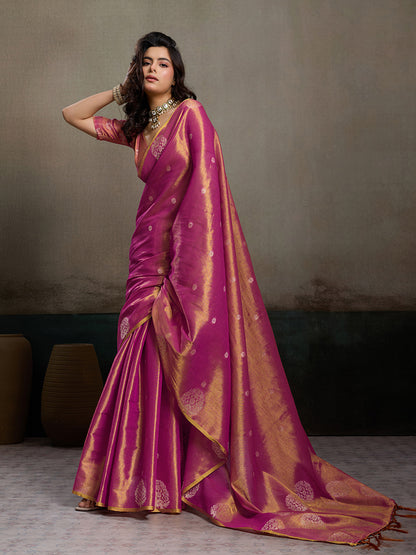 Sutriti Women Magenta Blue Woven Tissue Silk Saree with Mandala Motifs