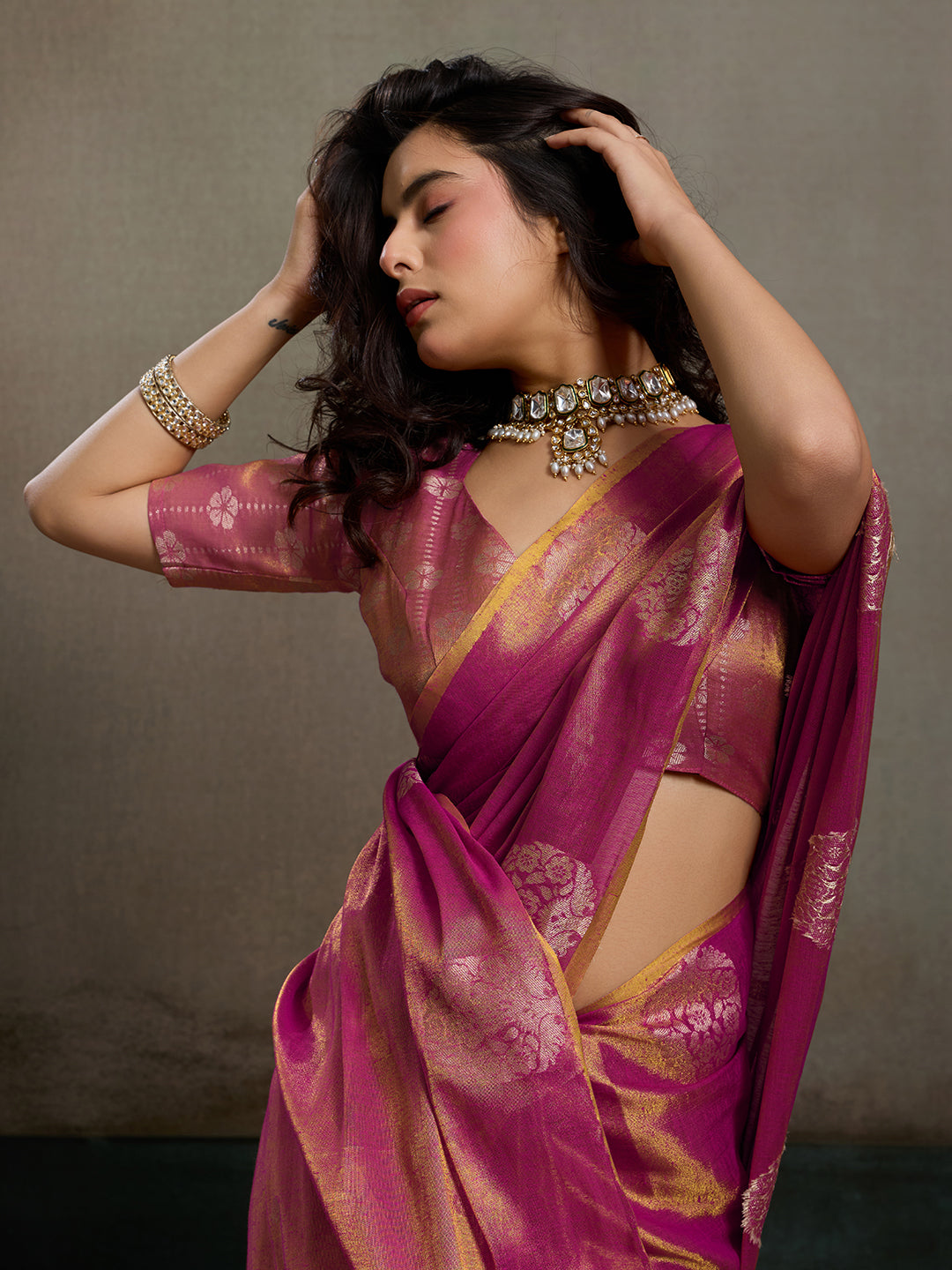 Sutriti Women Magenta Blue Woven Tissue Silk Saree with Mandala Motifs