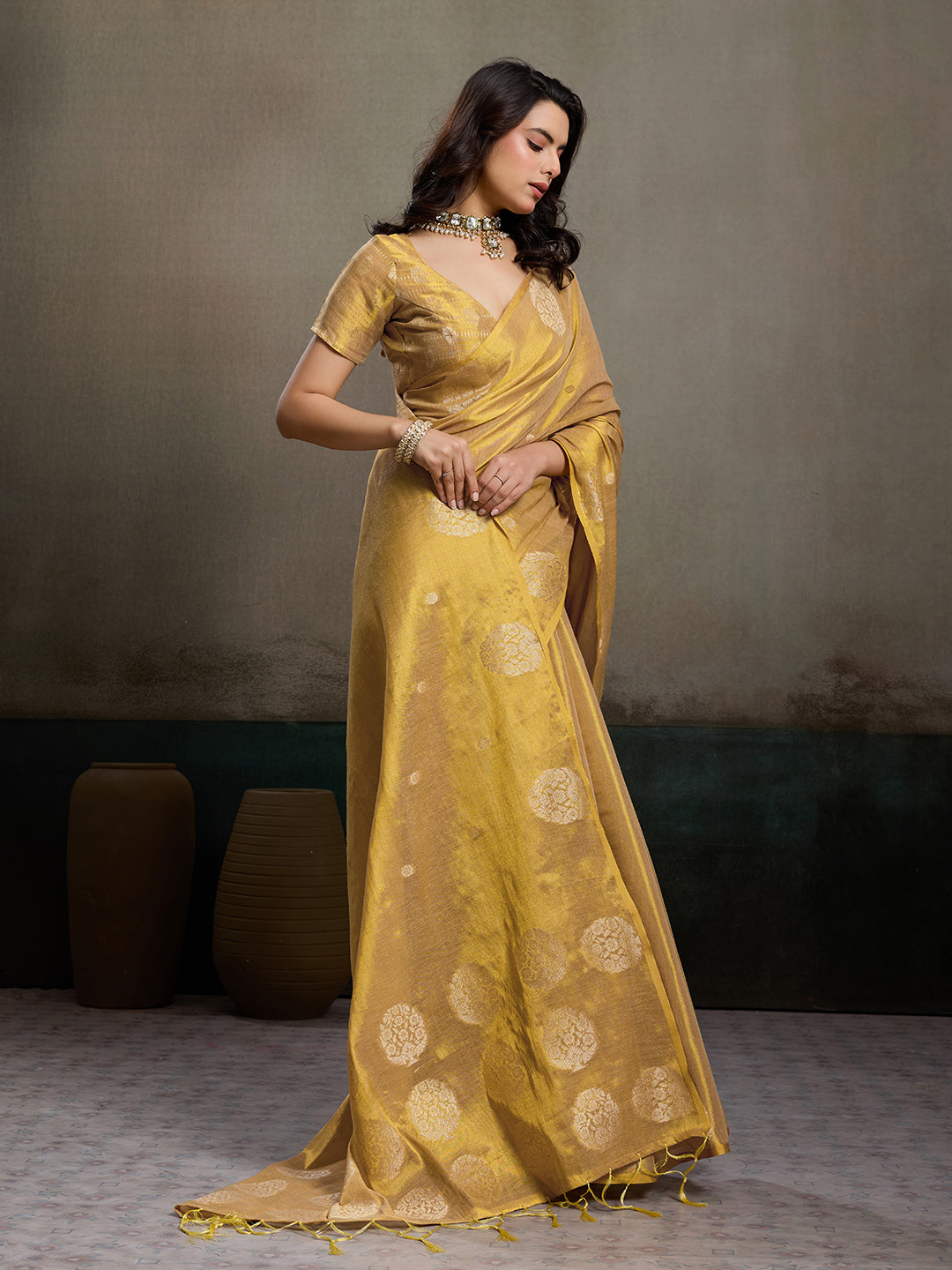 Sutriti Women Golden Beige Woven Tissue Silk Saree with Mandala Motifs