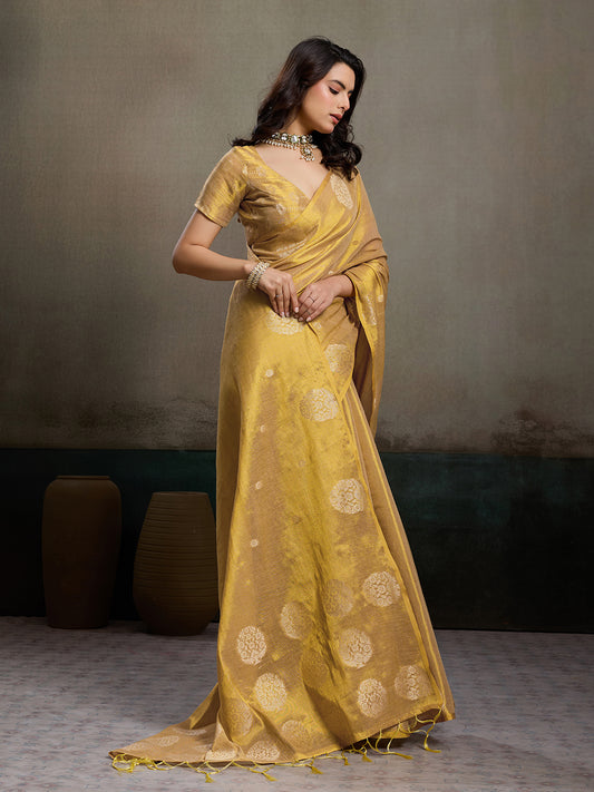 Sutriti Women Golden Beige Woven Tissue Silk Saree with Mandala Motifs