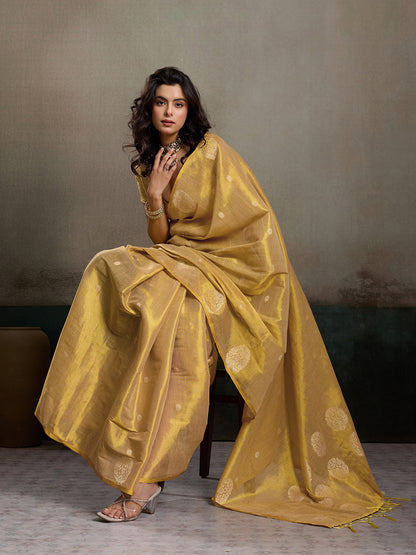Sutriti Women Golden Beige Woven Tissue Silk Saree with Mandala Motifs