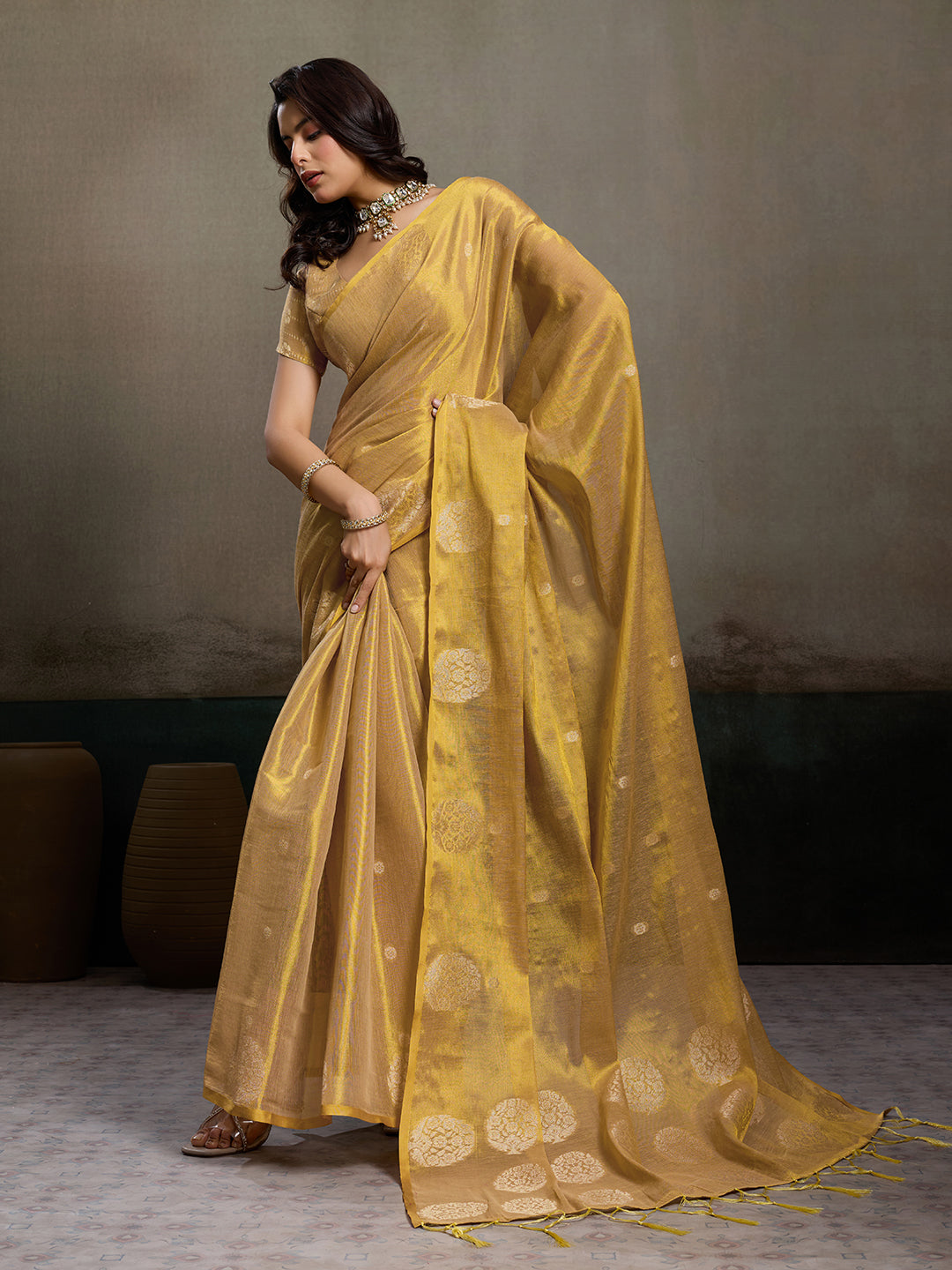 Sutriti Women Golden Beige Woven Tissue Silk Saree with Mandala Motifs