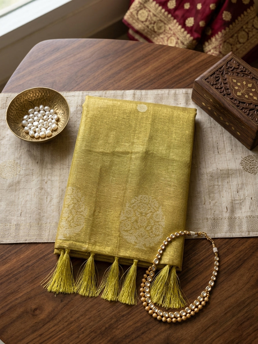 Sutriti Women Golden Beige Woven Tissue Silk Saree with Mandala Motifs
