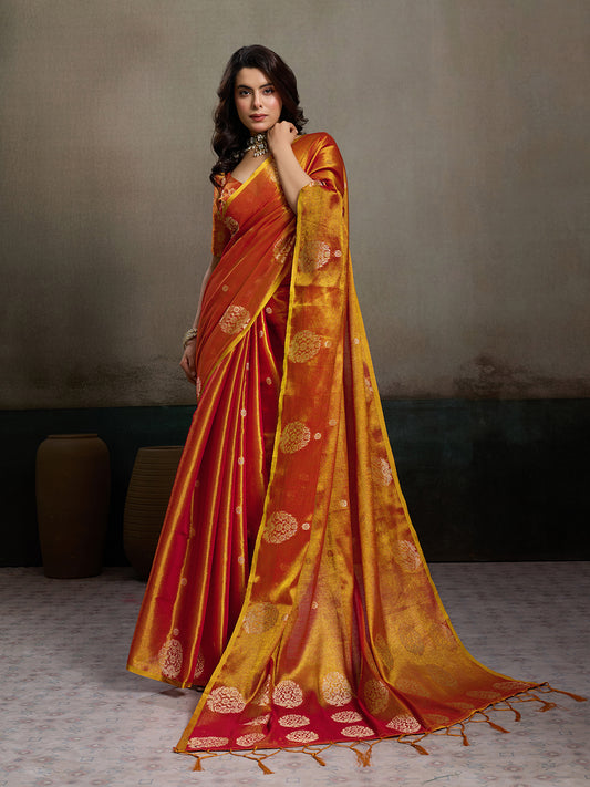Sutriti Women Rust Orange Woven Tissue Silk Saree with Mandala Motifs