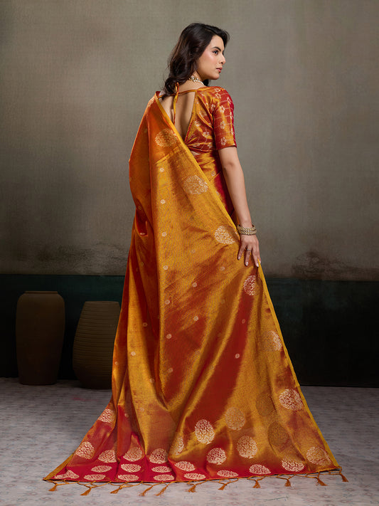 Sutriti Women Rust Orange Woven Tissue Silk Saree with Mandala Motifs