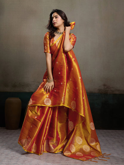 Sutriti Women Rust Orange Woven Tissue Silk Saree with Mandala Motifs