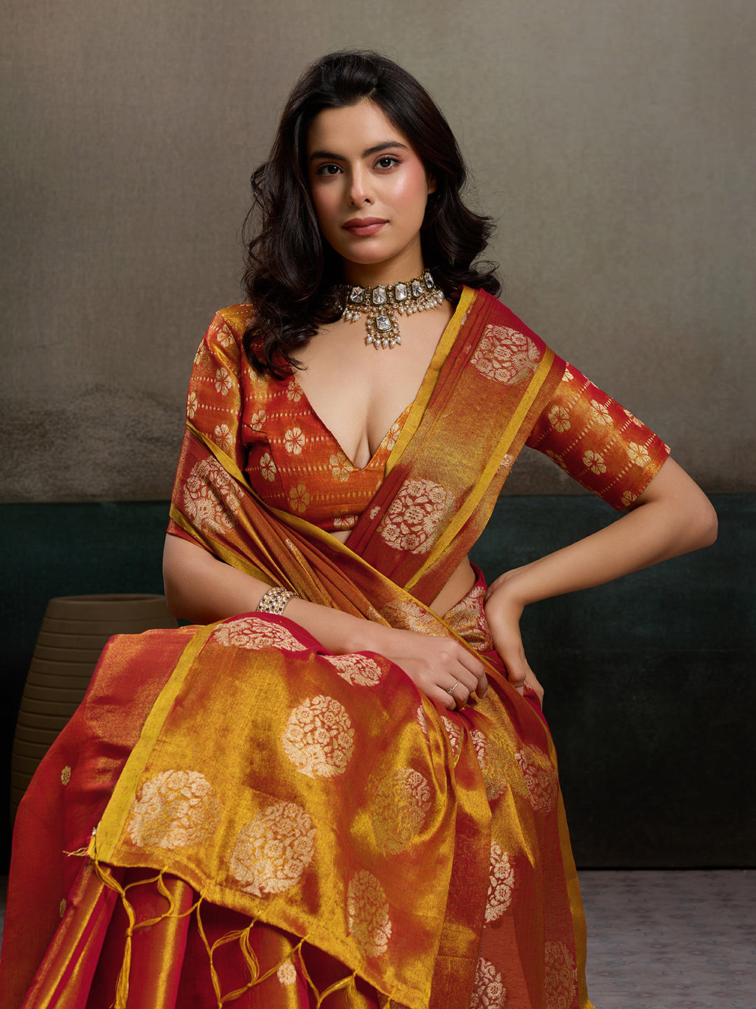 Sutriti Women Rust Orange Woven Tissue Silk Saree with Mandala Motifs