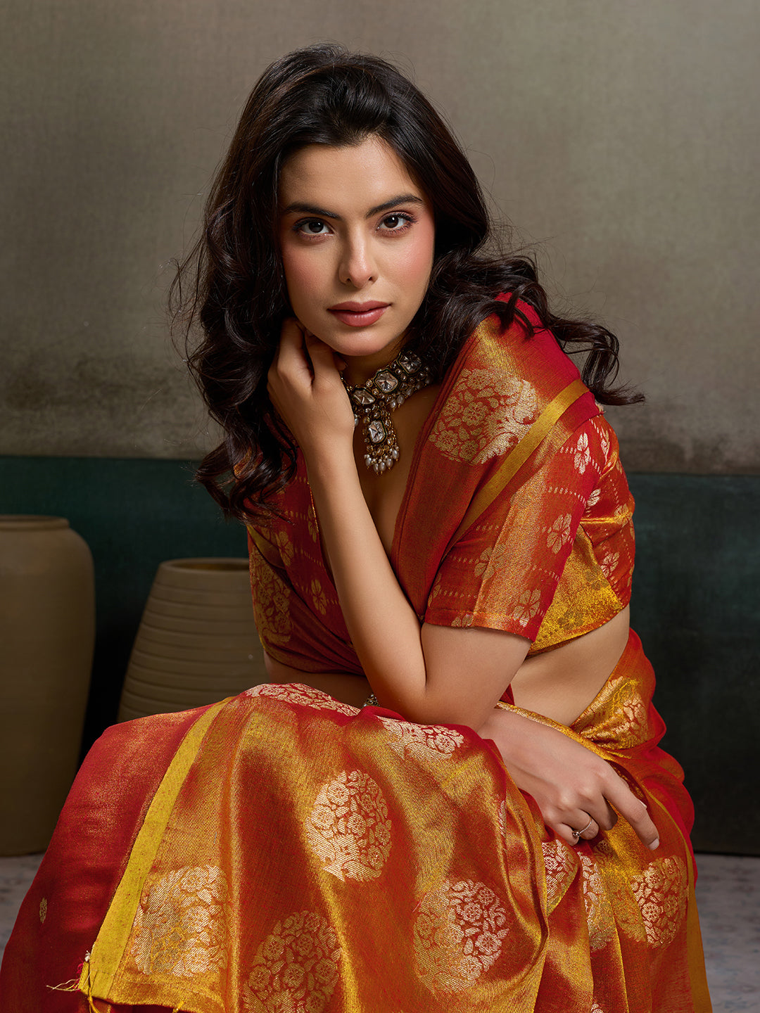 Sutriti Women Rust Orange Woven Tissue Silk Saree with Mandala Motifs